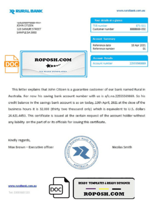 Australia Rural bank reference letter template in Word and PDF format
