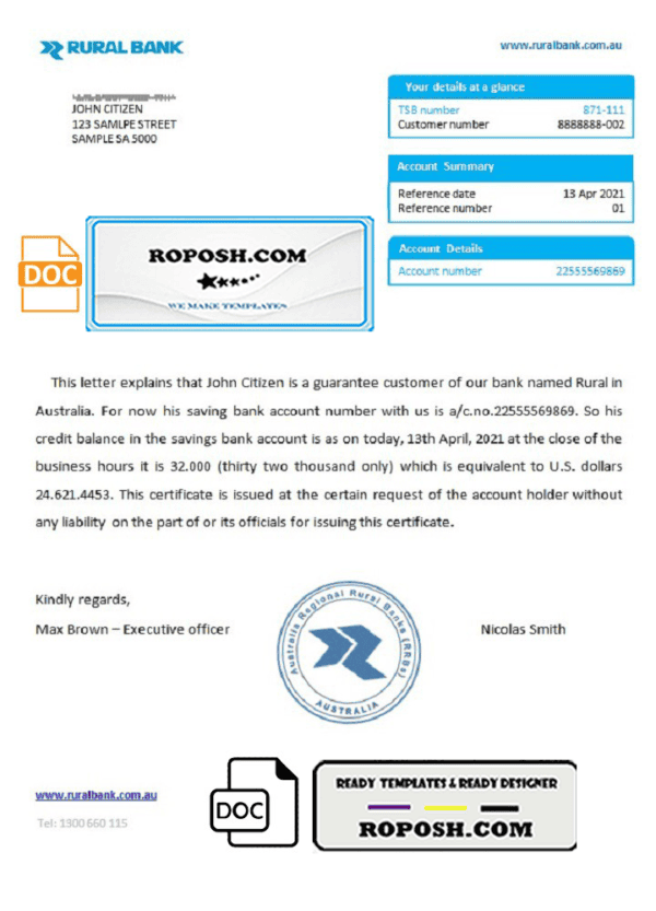 Australia Rural bank reference letter template in Word and PDF format