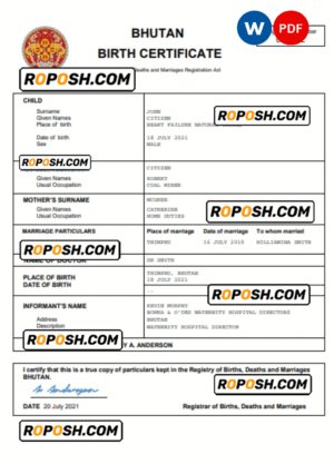 Bhutan vital record birth certificate Word and PDF template, completely editable