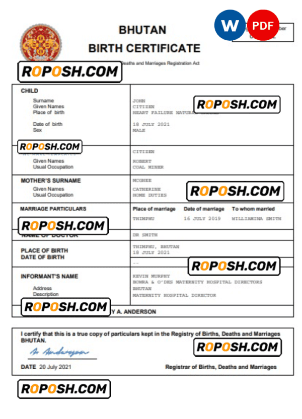 Bhutan vital record birth certificate Word and PDF template, completely editable
