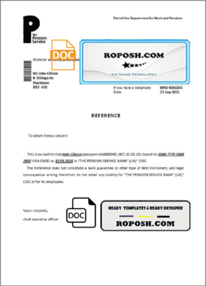 United Kingdom The Pension Service bank account closure reference letter template in Word and PDF format