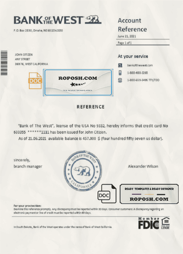 USA Bank of the West bank account reference letter template in Word and PDF format