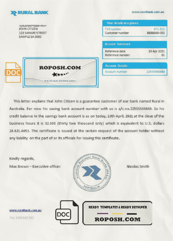 Australia Rural bank reference letter template in Word and PDF format