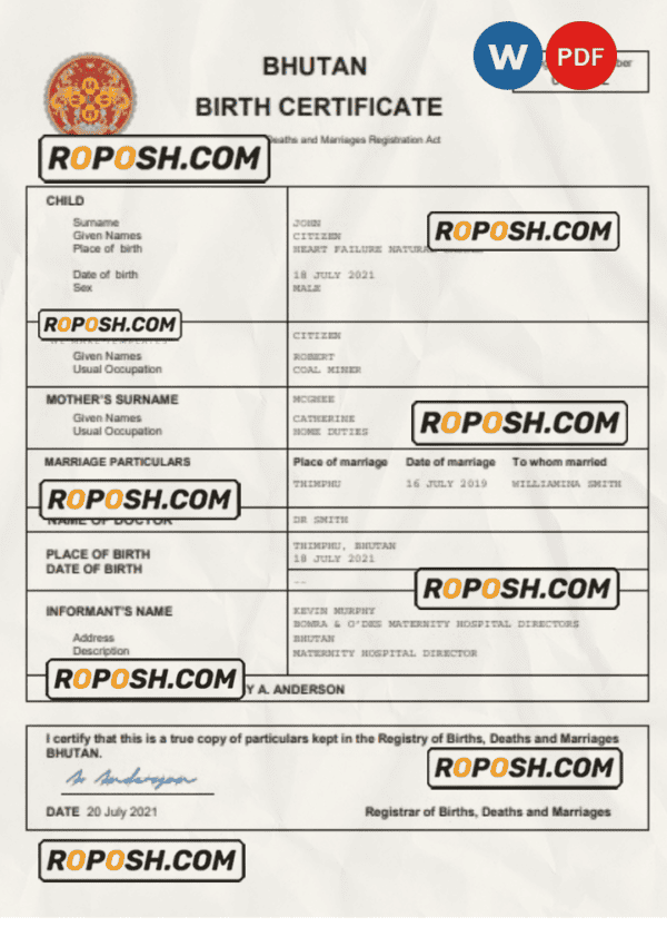 Bhutan vital record birth certificate Word and PDF template, completely editable