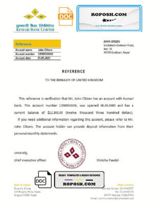 Nepal Kumari Bank bank reference letter template in Word and PDF format