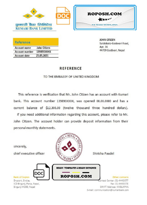 Nepal Kumari Bank bank reference letter template in Word and PDF format