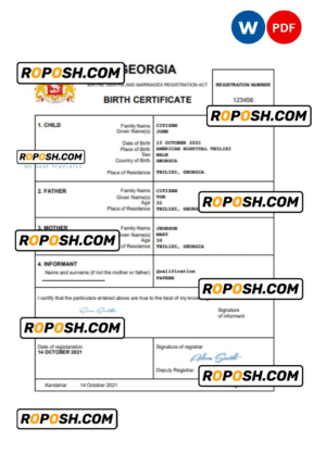 Georgia vital record birth certificate Word and PDF template, completely editable