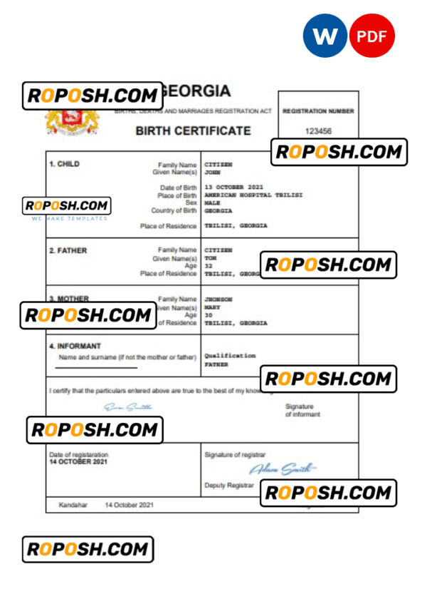 Georgia vital record birth certificate Word and PDF template, completely editable