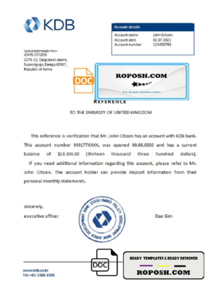 Korea KDB bank account reference letter template in Word and PDF format
