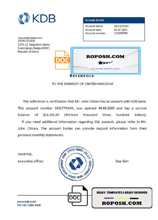 Korea KDB bank account reference letter template in Word and PDF format