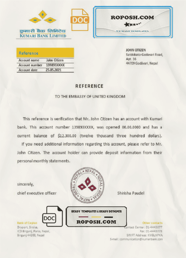 Nepal Kumari Bank bank reference letter template in Word and PDF format