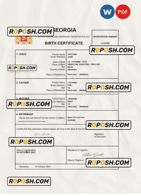 Georgia vital record birth certificate Word and PDF template, completely editable
