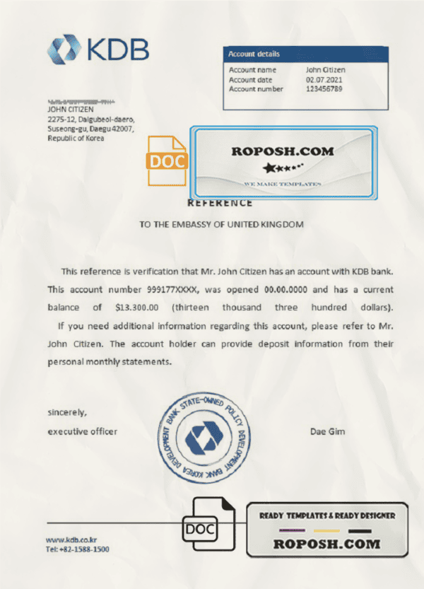 Korea KDB bank account reference letter template in Word and PDF format
