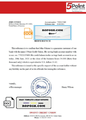 USA 5Point bank account reference letter template in Word and PDF format