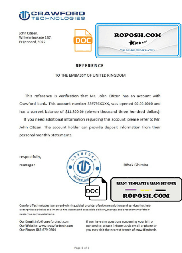 Netherlands Crawford certificate template in Word and PDF format