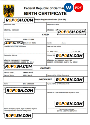Germany birth certificate Word and PDF template, completely editable