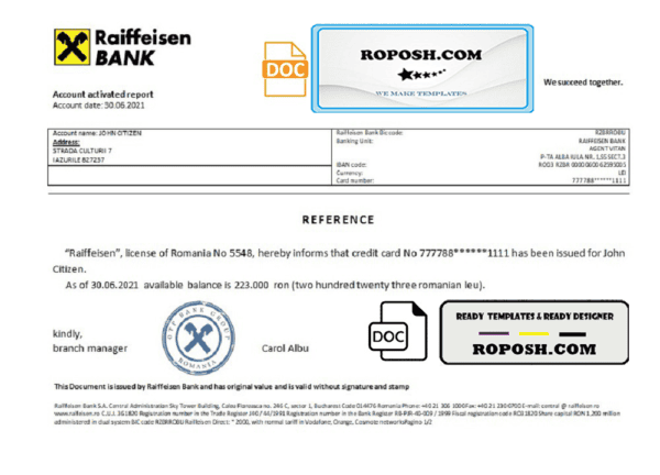 Romania Raiffeisen bank account reference letter template in Word and PDF format