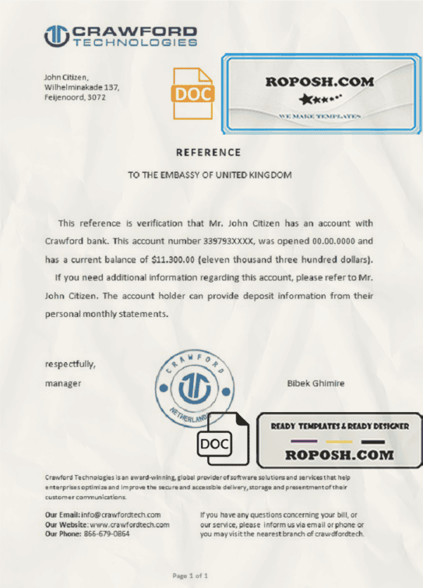 Netherlands Crawford certificate template in Word and PDF format