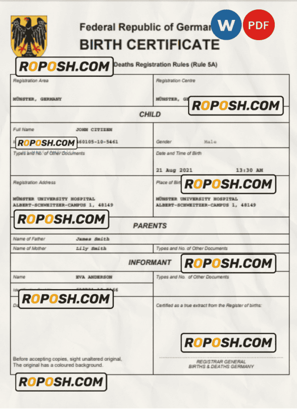 Germany birth certificate Word and PDF template, completely editable
