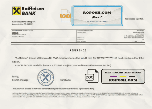 Romania Raiffeisen bank account reference letter template in Word and PDF format