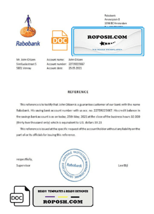 Netherlands Rabobank bank certificate template in Word and PDF format