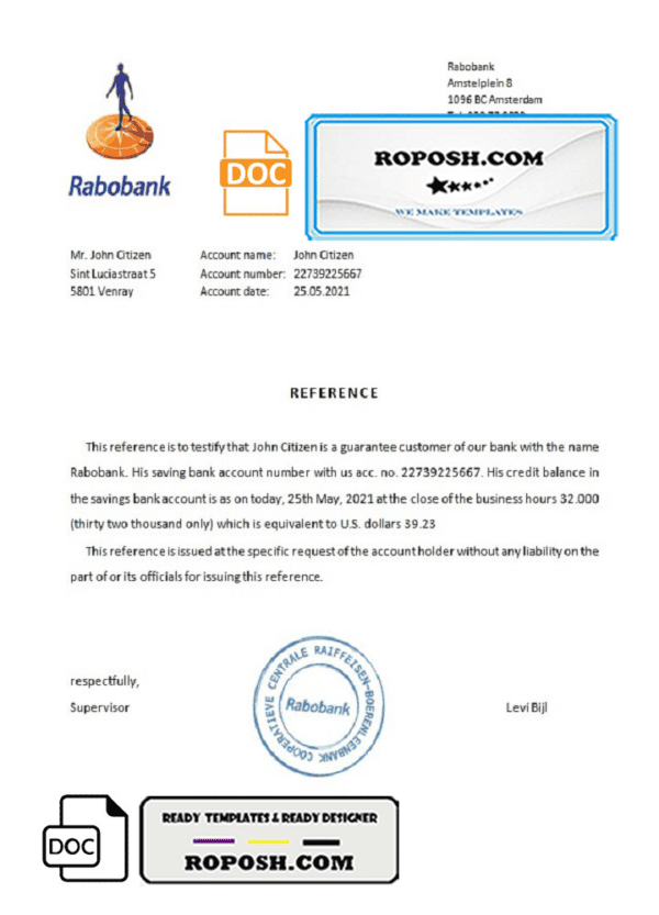 Netherlands Rabobank bank certificate template in Word and PDF format