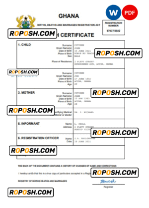 Ghana vital record birth certificate Word and PDF template, completely editable