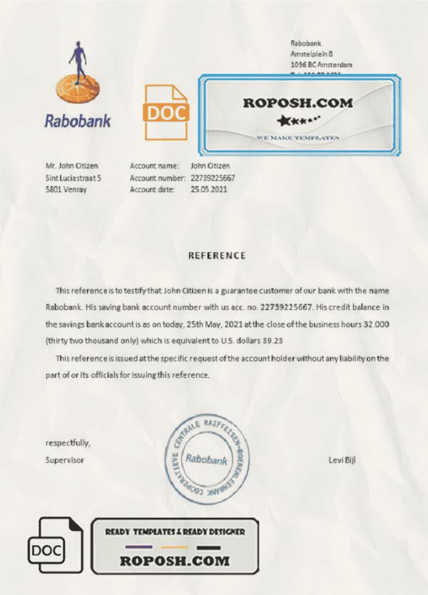 Netherlands Rabobank bank certificate template in Word and PDF format