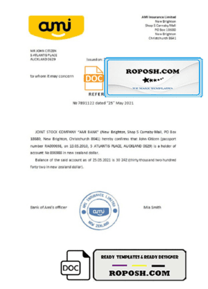 New Zealand Ami bank account reference letter template in Word and PDF format