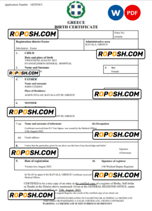 Greece birth certificate Word and PDF template, completely editable