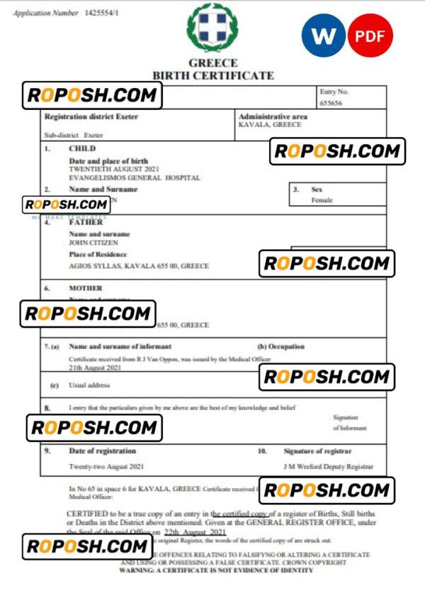 Greece birth certificate Word and PDF template, completely editable