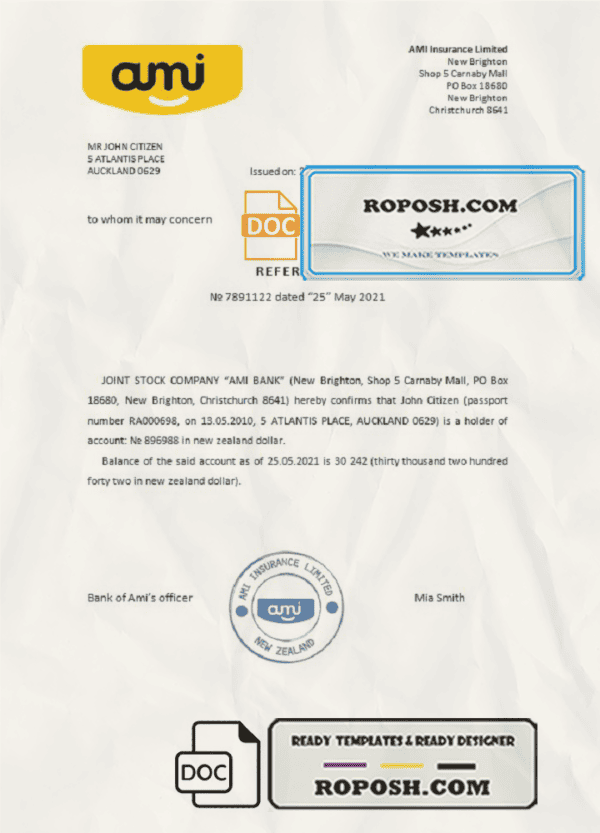 New Zealand Ami bank account reference letter template in Word and PDF format
