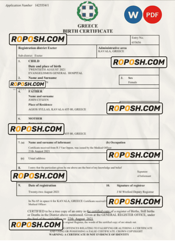Greece birth certificate Word and PDF template, completely editable