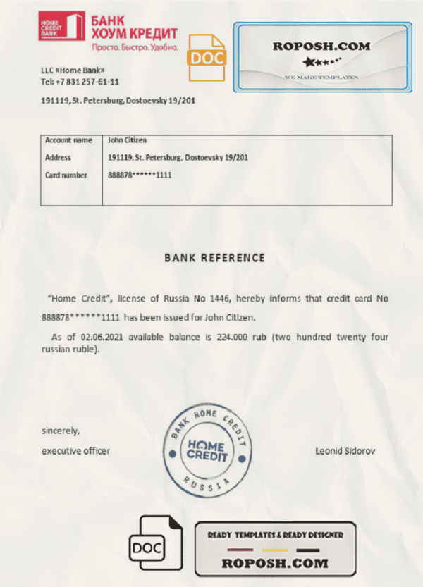 Russia Bank Home Credit bank reference letter template in Word and PDF format