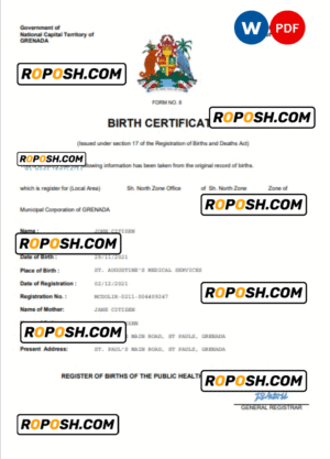 Grenada vital record birth certificate Word and PDF template, completely editable