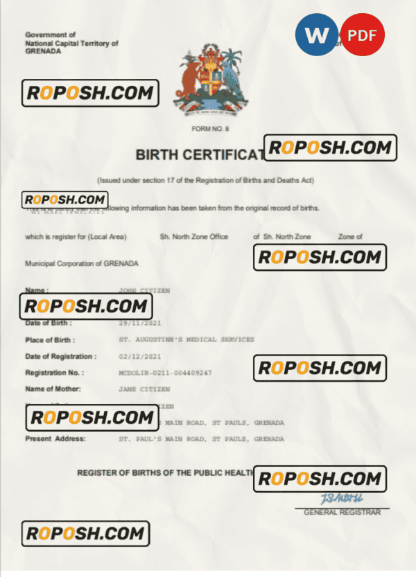 Grenada vital record birth certificate Word and PDF template, completely editable
