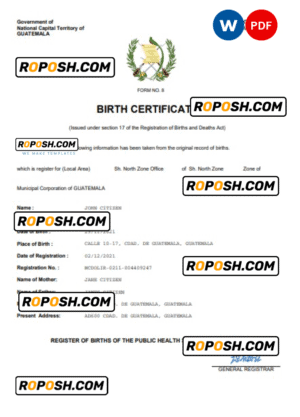 Guatemala birth certificate Word and PDF template, completely editable