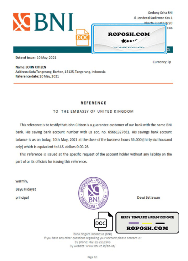 Indonesia Negara bank reference letter template in Word and PDF format