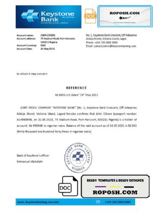 Nigeria Keystone Bank bank account reference letter template in Word and PDF format