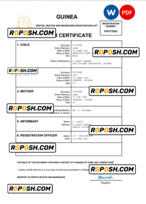 Guinea vital record birth certificate Word and PDF template, completely editable