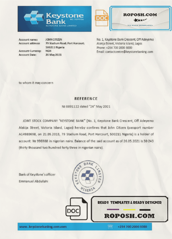 Nigeria Keystone Bank bank account reference letter template in Word and PDF format