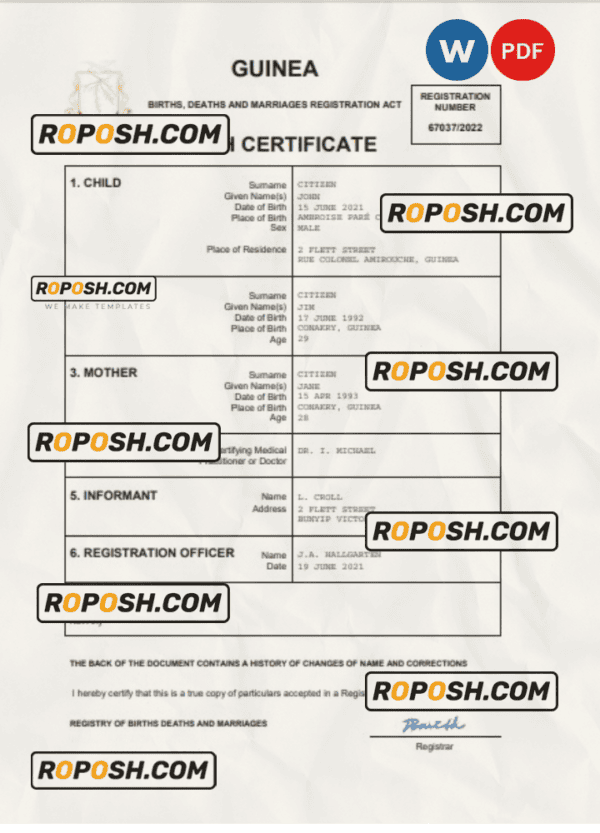 Guinea vital record birth certificate Word and PDF template, completely editable