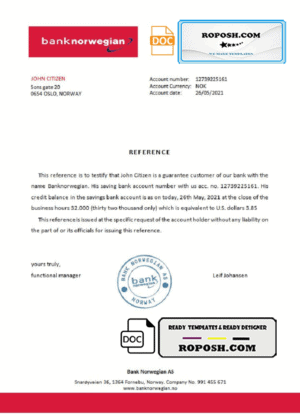 Norway Bank Norwegian bank account reference letter template in Word and PDF format