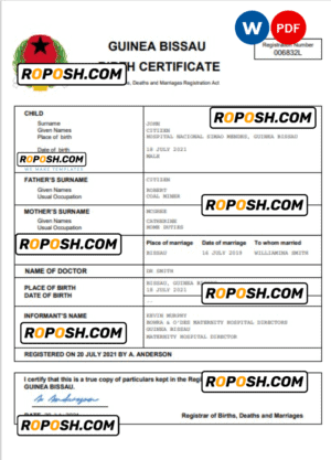 Guinea Bissau birth certificate Word and PDF template, completely editable