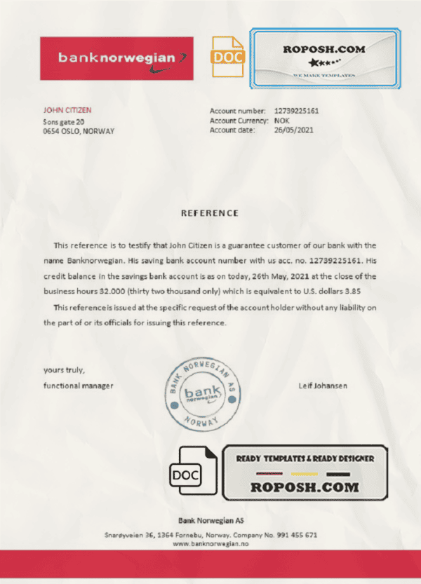 Norway Bank Norwegian bank account reference letter template in Word and PDF format