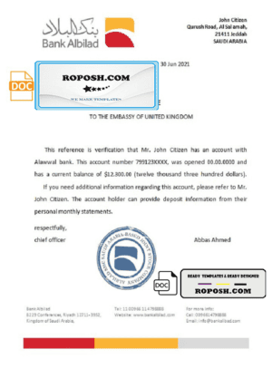 Saudi Arabia Albilad Bank bank reference letter template in Word and PDF format