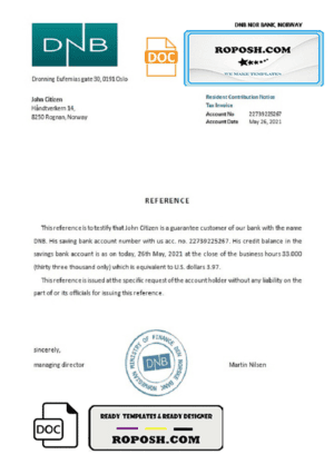 Norway DNB Nor Bank bank account reference letter template in Word and PDF format