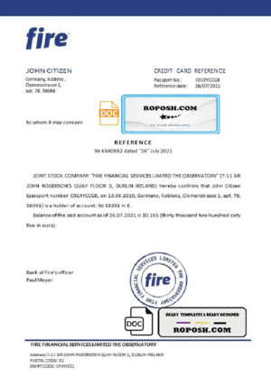 Germany Fire bank account balance reference letter template in Word and PDF format