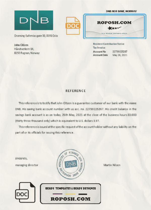 Norway DNB Nor Bank bank account reference letter template in Word and PDF format