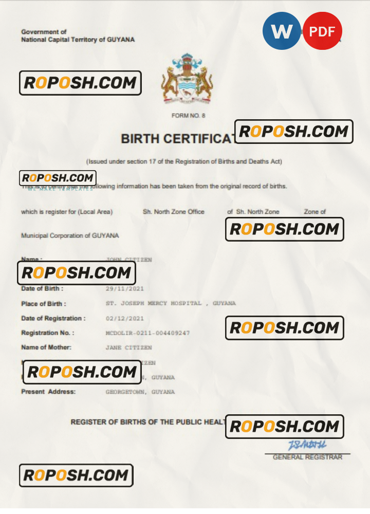 Guyana vital record birth certificate Word and PDF template, completely ...